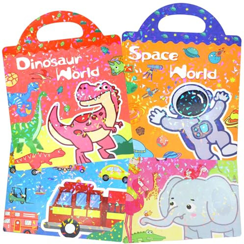 PHOGARY 4 Pack Stickerbuch Wiederverwendbar ab 3,4,5,6 jährige Jungen Mädchen, 3D Tiere Dinosaur Fahrzeuge Weltraum Sticker, Wasserdichte Klare Jelly Aufkleber Geschenke für Kinder