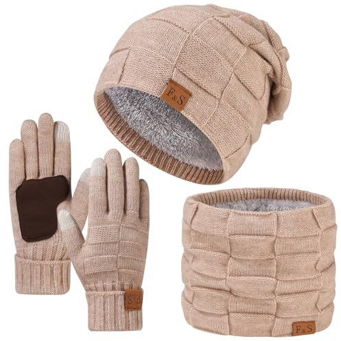 Yoolhamy Mütze Schal und Handschuh-Sets für Herren Damen, Winter Beanie Mütze Slouchy Strickmütze Touchscreen Handschuhe Schals Wärmer Wintermütze Halswärmer Schlauchschal Zubehör
