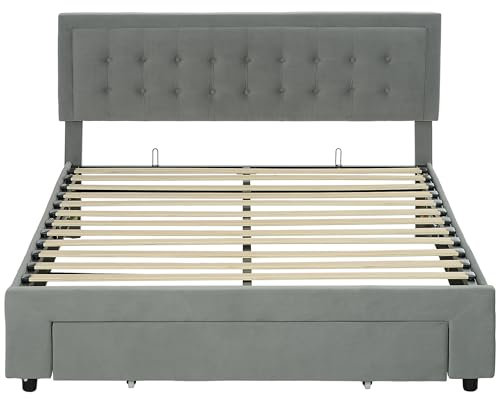 HOMCOM King Size Ottoman Bed Frame with Hydraulic Lifting Storage, Wheeled Drawer, Adjustable Velvet Upholstered Headboard, Wooden Slats Mattress Foundation, No Box Spring Needed, Grey
