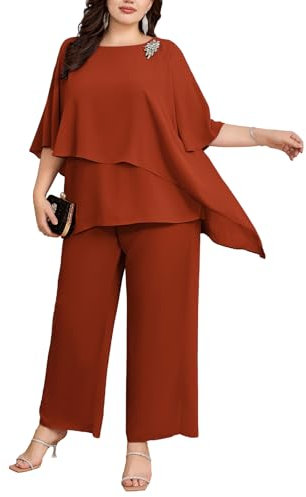 Hanna Nikole Hosenanzug Zweiteiler Damen Große Größen Fledermausärmel Cape-Ärmel Strass Lose Rundhals Chiffon Shirt Orangerot 50
