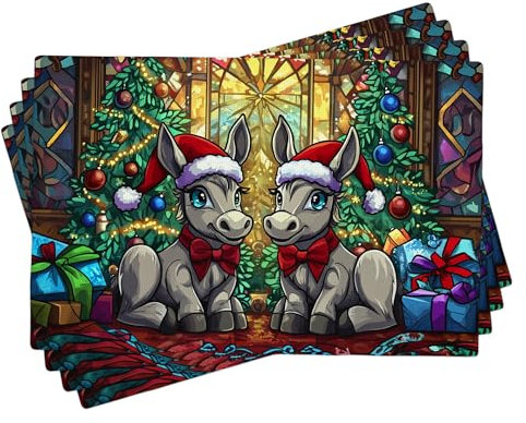 Happy Holiday - Set di 4 tovagliette con doppio asino, decorazione natalizia per la tavola, antiscivolo, lavabili, per interni ed esterni, 45,7 x 30,5 cm