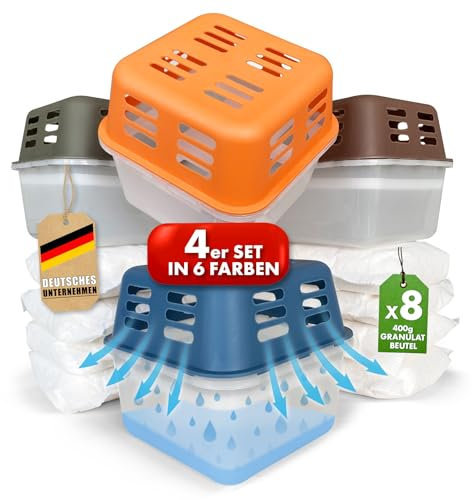 KARAT 4 x Luftentfeuchter mit 8 x 400g Nachüll-Beutel Granulat Raumentfeuchter nachfüllbar & wiederverwendbar (Schwarz, Kuki)