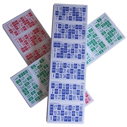 KEKA 900 Cartones de Bingo Tricolor (3 Series de 300 en Azul, Rojo y Verde) de Usar y Tirar tachandolos o Reutilizables con fichas (no Incluidas) para Juego de Bingo Tradicional de 90 Bolas
