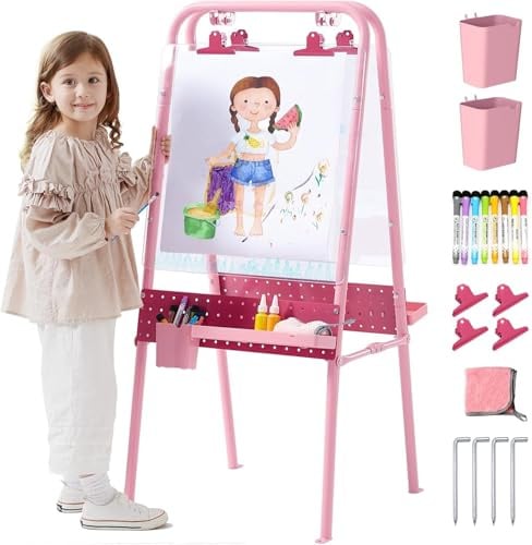 FUNLIO Chevalet Extérieur Pliable pour Enfants 3+, à Deux Faces avec 2 Tableaux en Acrylique & 21 Accessoires, Imperméable, Résistant au Soleil, Portatif & Stable - Rose