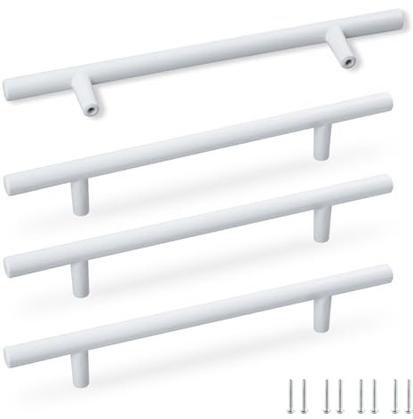 SPDYCESS 4 Pieces Furniture Cabinet Handles, Kitchen Drawer Handle, Bathroom Door T Bar Handle, for Wardrobe Home Decorating, Ø10mm, Hole Spacing 128mm, White