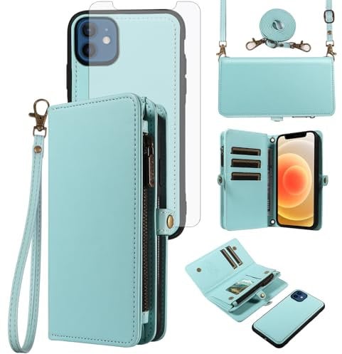 Asuwish Phone Case for iPhone 12 Mini 5.4 Zipper Wallet Detachable Cell Cover with Screen Protector Crossbody Lanyard Strap Flip Card Holder Slot iPhone12mini 5G i 12s iPhone12 12mini Green