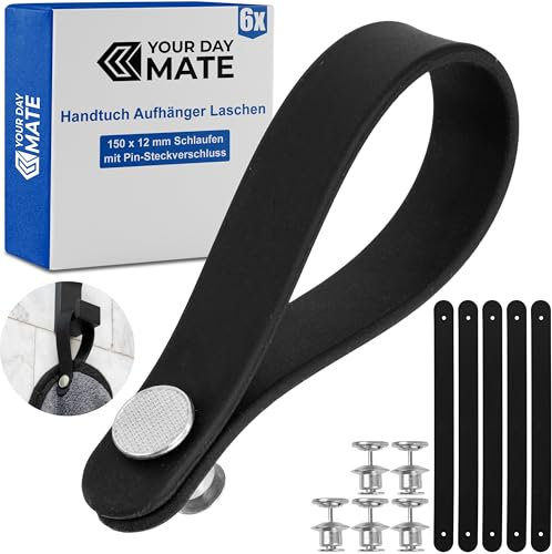 Nähfrei-Aufhänger für Textilien, 6 Pack, 150 x 12 mm Schlaufen, in Schwarz, aus Silikon, mit Pin-Knopfverschluss, Aufhänger Laschen für Geschirrhandtuch, Bad Handtuch, Lappen, Dekoartikel, Camping