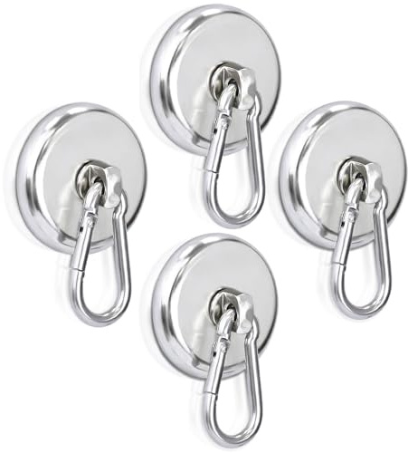 FPMYB 4 Stück Magnethaken Extra Stark, 42mm Neodym Magnet mit Karabiner Magnetische Haken hält, 50kg 360°Drehbar Magnete Haken für Küche Camping Garage Büro Kühlschrankmagnet