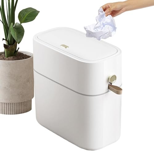 Bathroom Trash Can, Lidded Slim Bin, 8L Compact Dustbin, Space-Saving Design, Odor-Control Lid, (White Rectangle), for Indoor Kitchen Toilet Dorm RV Laundry Desk