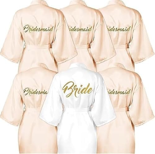 Lot de 6 Peignoirs Mariage en Satin, Peignoirs Kimono Bride et Bridesmaid | 1 Peignoir Blanc Bride et 5 Peignoirs Champagne Bridesmaid pour EVJF, Préparatifs de Mariée, Photos, Spa et Fête Prénuptiale