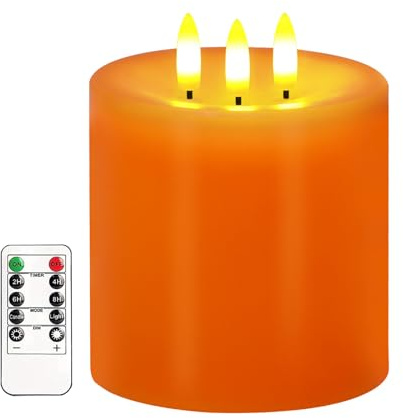 3 Docht Große Flammlose Kerzen, Batteriebetriebene Flackernde LED Kerzen mit Fernbedienung & Timer, Echte Wachs Weiße Säulenkerze für Weihnachten, Hochzeiten & Tagesdekoration, 10 x 10 cm (Orange)