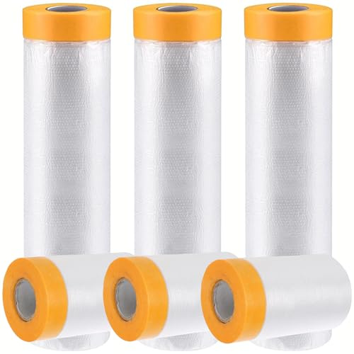 LCOUACEO Abdeckfolie mit Klebeband, 6 Rollen, 120 Meter, Transparent | Maler Abklebeband mit Folie, Staubschutz, Selbstklebende Malerfolie, Für Möbel Auto Boden Wand Malerei