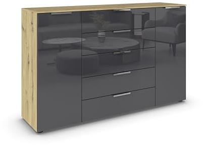 Rauch Möbel Flipp, Kommode, Farbe Glas Basalt/Eiche Artisan, Breite 160 cm | Sideboard, 2-türig, 5 Schubladen, Glasfront, Soft-Close-Funktion, für Schlafzimmer, Gästezimmer, Wohnzimmer, Garderobe, Flur
