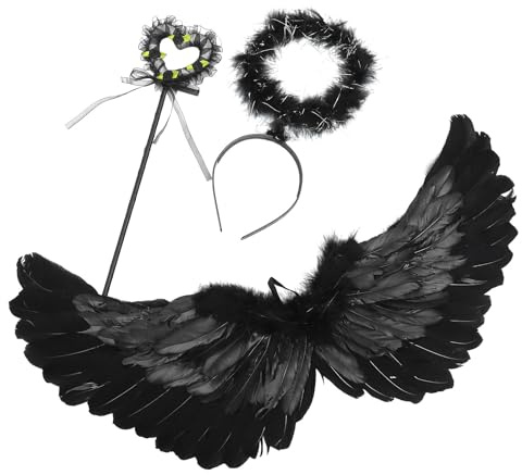 FRCOLOR Diadema de Ángel para Cosplay Infantil, Alas de Plumas Negras Talla Pequeña, Accesorio de Disfraz para Fiestas, Fotografía y Actuaciones, Set de 3 Piezas Ligero y Cómodo
