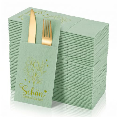 50 Stück Besteckservietten Salbeigrün Schön Dass Du Da Bist 40.6x40.6cm | Stoffähnliche Servietten mit Eukalyptus Muster – Tischdeko für Geburtstag, Hochzeit
