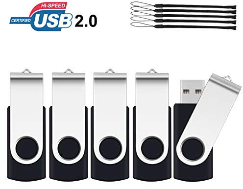 4GB Memory Stick 5 Pack,SRVR Flash Drive USB 2.0 Swivel Thumb Drives Data Storage Jump Drive Zip Drive Memory Sticks External Devices with Led Indicator(5 Black Color With Lanyard)