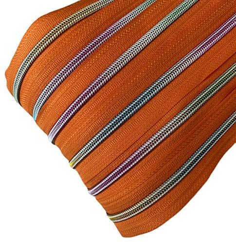 Schnoschi 2 m oranger 5mm endlos Reißverschluss mit Regenbogeneffekt 5 mm Laufschiene + 5 Zipper, Spiralreißverschluss
