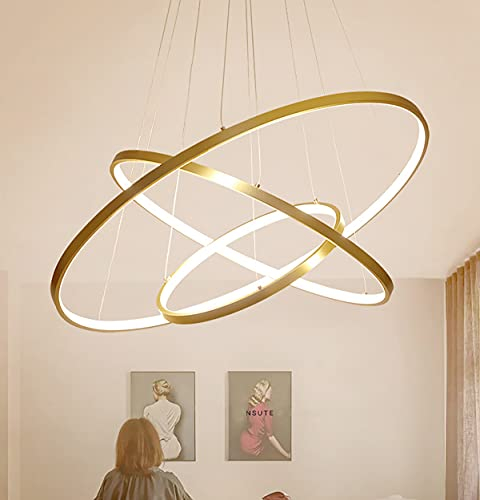 ANZHUANG LED Hängeleuchte Gold, Pendelleuchte Esstisch Rund 3-Kreis-Entwurf Lampenschirm, Dimmbare Mit Fernbedienung 3000K-6500K, Acryl Schlafzimmer Pendelleuchte Höhenverstellbar Lampen 76W
