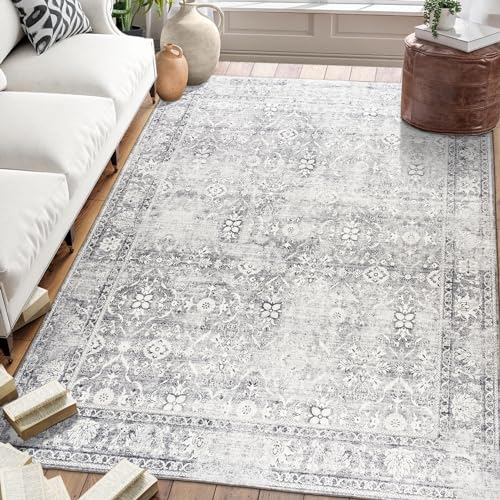 ReaLife Waschmaschine Teppich Läufer - Wohnzimmer Schlafzimmer Badezimmer Küche Flur Büro - rutschfest Kurzflor Premium-Fleckenbeständig - Boho Landhaus Vintage - Noor - Silber Elfenbein - 90 x 150
