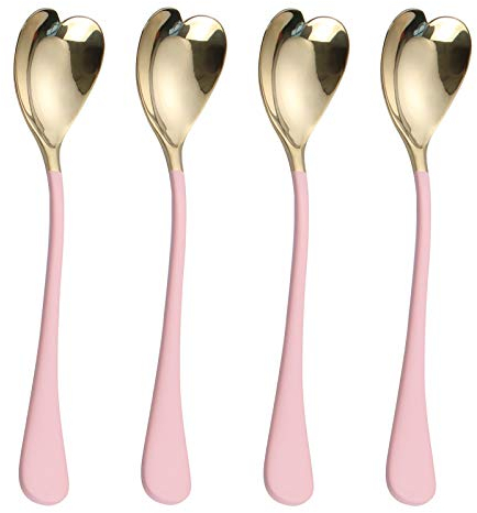 HISSF 4 cucharas de postre de 6.7 pulgadas, en forma de corazón rosa, cucharas de helado de acero inoxidable 18/10