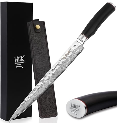 YOUSUNLONG Couteau à filet Pro couteau à découper la viande Couteau à sashimi 24,5 cm,Acier Damas VG10 martelé japonais,Manche en bois de plomb naturel avec gaine en cuir