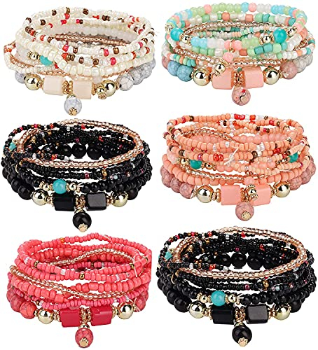 LOLIAS 6 Sets Bohemian Stackable Bead Armbänder Stretch-Armband Coil-Armband für Damen Mehrschichtiges Armband Armreifen Set Mode Perlen Schmuck