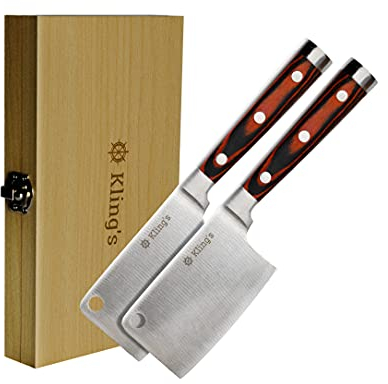 Kling's I Steakbesteck Set - Premium Grillbesteck Set, 2 Steakmesser Beil, Käsemesser, Steakmesser Set mit Holzgriff aus Pakkaholz, Glatt Geschliffene Klinge aus deutschem Messerstahl