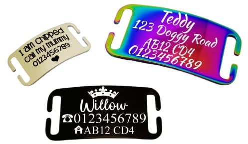 SUCRE Curved and Flat Pet Tag for Dog Tags for Pets Engraved UK | Slide On Stainless Steel Personalised Dog Tag, Cat Collar with Name Tag, Dog Tag Engraved and Dog Name Tags Personalised (S, Rainbow)