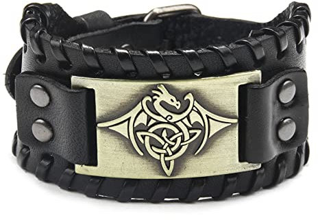 Thajaling Flying Dragon Totem Lederarmband, Wikinger Totem Vintage Armband, breites Lederarmband mit keltischem Knoten, Modearmband für Männer (Bronze)