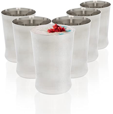 Stainless Steel Cups Drinking Glasses Set of 6 Metal Reusable Tumbler Unbreakable Shatterproof Cocktail Wine Beer Water Juice Iced Coffee Party Travel Camping Outdoor (Plain Icon - 300ml)