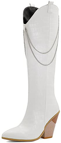 Lroey Reoly Stivali Alti Tacco Western Donna, Stivali da Cowboy Eleganti Zip Stivali Alti Tacco Alto Appuntito 254 Bianco Numero 45 EU