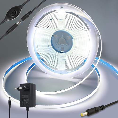 Yamlten 12V COB Led Streifen 6000k Kaltes Weiß mit Schalter,320 LEDs/M Dimmbar LED Strip für TV Hintergrundbeleuchtung,Computer,Schrank,Schlafzimmer DIY LED Band 3m.(Stromversorgung schließt aus)