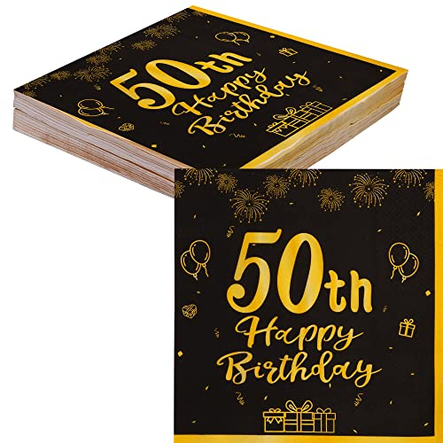 TOPWAYS 50 Geburtstagsdeko Servietten, Schwarz Gold Papier Party Servietten Tischdeko für 50. Geburtstag Mann Frau Happy Birthday Servietten Decorations 40 Stück (50 geburtstag)