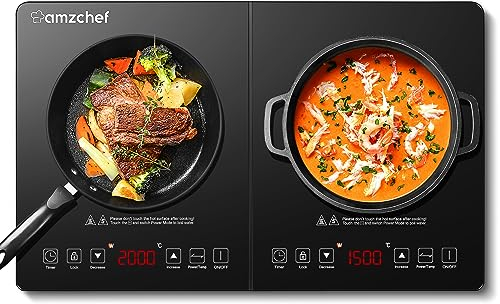 AMZCHEF Induktionskochplatte 2 platten mit separaten Steuerelementen, 20 Temperaturstufen, Einstellbarer Leistungsbereich, 3500W Induktionskochplatte doppelt mobil, Sicherheitssperre, Timer 180 Min