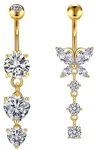 vcmart 2stk Bauchnabelpiercing 10mm Herz Schmetterling Anhänger Chirurgenstahl Bauchpiercing 14G Piercing Bauchnabel Schmuck Silber Gold