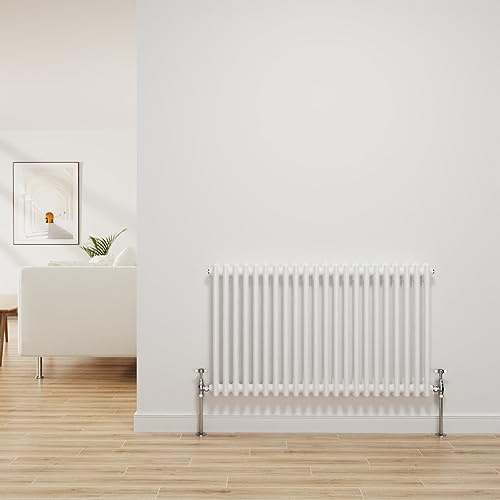 NRG Traditional Radiator Gloss White 2 Column Horizontal 600x1010mm | Central Heating Bathroom Radiator, Wall Mounted, Column Radiator, Designer Radiator, Mild Steel, for Kitchen, Living Room