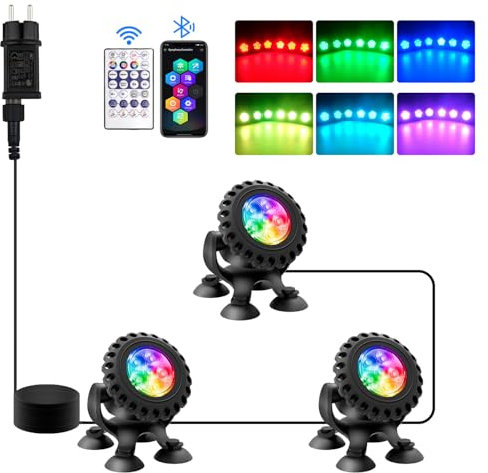 NATPOW Pond Lights, RGB Underwater Spotlights Mains Powered Aquarium Lights with Remote Control, IP68 Waterproof, Multicoloured, Submersible, for Aquarium, Garden, Yard, Pool, Fountain, Pond (3-in-1)
