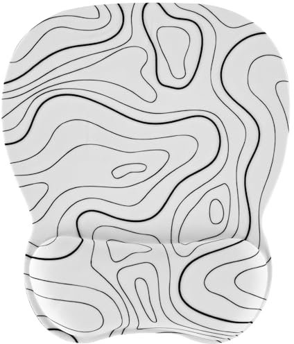 EooCoo Mouse Pad with Memory Foam Wrist Support, 4mm Mouse Mat Mousepad with Non-Slip Rubber Base, Minimalist Topographic Map White