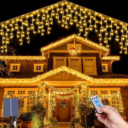 MXJFYY Weihnachten Solar Eiszapfen Lichterkette Außen, 8M Wasserdicht Eiszapfen Lichterkette, 44pcs*0.8M 264LEDs Eiszapfen Vorhang Lichter mit 8 Modi Fernbedienung, Weihnachtsdekolicht