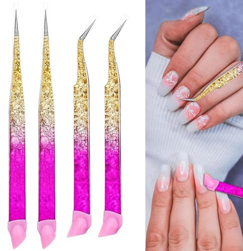 4 Pcs Double Ended Nail Art Tweezers for Women, Straight Tip Curved Tweezers with Silicone Pressing Head, Multifunctional Precision Eyelash Tweezers Rhinestone Picker Tool for Nail Jewelry Art Crafts