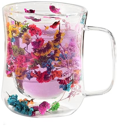 Tazas de café de vidrio de doble pared, tazas de flores estéticas - Tazas de té de vidrio de doble pared con flores - Tazas de té de con flores de 400ml, tazas de café de con flores secas, taza de tra