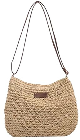XJKLBYQ Sac de plage de paille, sacs à main de paille à épaule simple tressé, sacs d'été à bandoulière de capacité avec fermeture éclair - beige