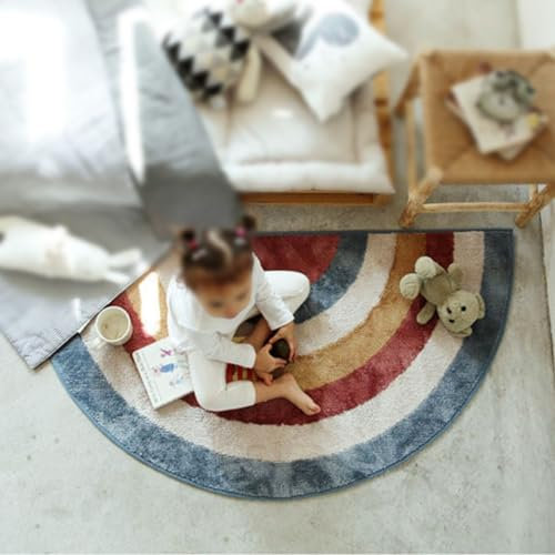 Taidianolp Halbkreis Teppich, rutschfest, waschbar, Mehrfarbig Regenbogen Geometrisch Blau Rot Orange Weiß,Teppich halbrund klein Küche Badezimmer,Colourful,55 x 110 cm