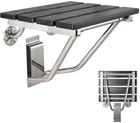 Folding Shower Seat and Bench Wall Mounted, Shower Chair Foldable, Shower Stool Collapsible for Inside Shower Bathroom Bathtub Small Space, 350lb Capacity (Plastic Wood Black)