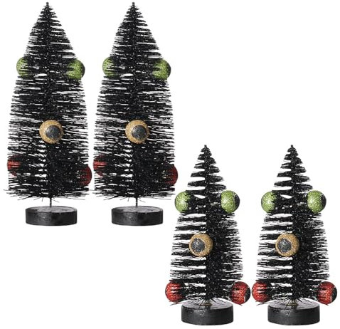 Wnvivi Lot de 4 Mini Sapins d'halloween Noirs, Sapin de Noël Noir Miniature de Bureau avec Globes Oculaires, Petit Pin Noir pour Décoration de Table de Village d'halloween