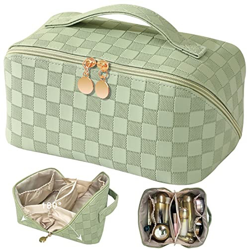 TOPALL Kosmetiktasche Reise Damen,Beauty Case PU Leder,Groß Make Up Tasche,Portable Schminktasche Kulturtasche Organizer mit Kapazität für Reisezubehör Travel Essentials Women(Checkered Green)