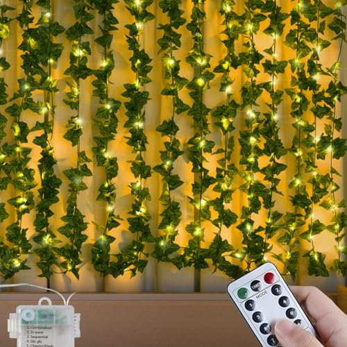 400CM 80 Led Guirnalda Luminosa Con Hojas, Artificial Green Leaf Ivy Vine Con Mandos a Distancia, Luces De Hadas De Hiedra Artificial,Cadena Luminosa De Hiedra For Wall Wedding Party Garden Festival