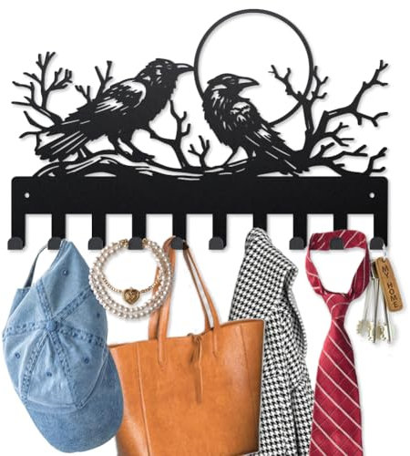 MAYJOYDIY Krähen Mond Schlüsselhalter für Wand 40×25cm Zweige Tote Metall Kleiderhaken Wand mit 10 Haken Modern Schlüsselbrett für Flur, Eingangsbereich, Küche, Badezimmer (Schwarz)