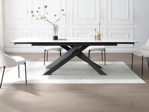 Vente-unique-Esstisch für 8 bis 12 Personen ausziehbar - Keramik, Sicherheitsglas & Metall - Marmor-Optik Weiß & Anthrazit - COREMA von Maison Céphy