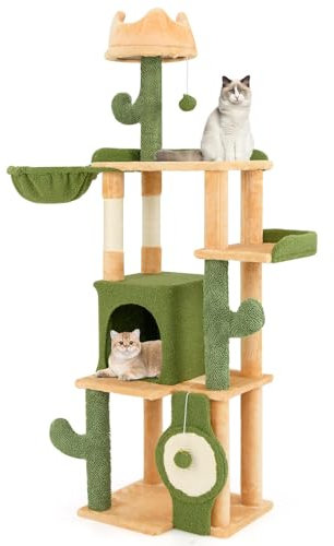 COSTWAY Kratzbaum Kaktus, 160cm, Katzenbaum mit Katzenhöhle, Plattformen, Sisalpfosten, Korb, Kratzbrett & Spielzeug, Katzenturm Katzenmöbel Katzen, Katzenkratzbaum Spielbaum Holz, Grün+Orange
